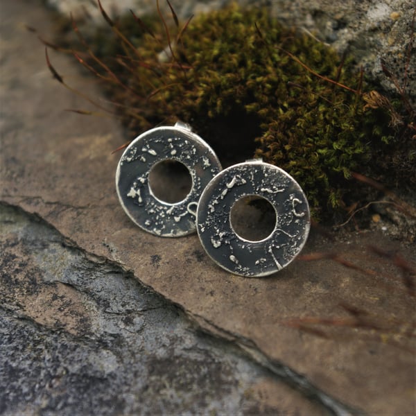 Textured Oxidised Eco Silver Circle Stud Earrings
