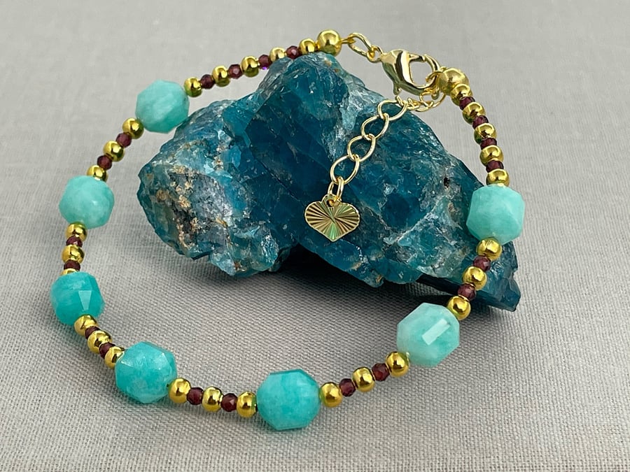 Amazonite & Garnet gold filled adjustable bracelet, 6.5 or 7.5 inch
