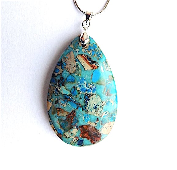 Sea sediment jasper pendant necklace, 925 silver snake chain with lobster clasp.