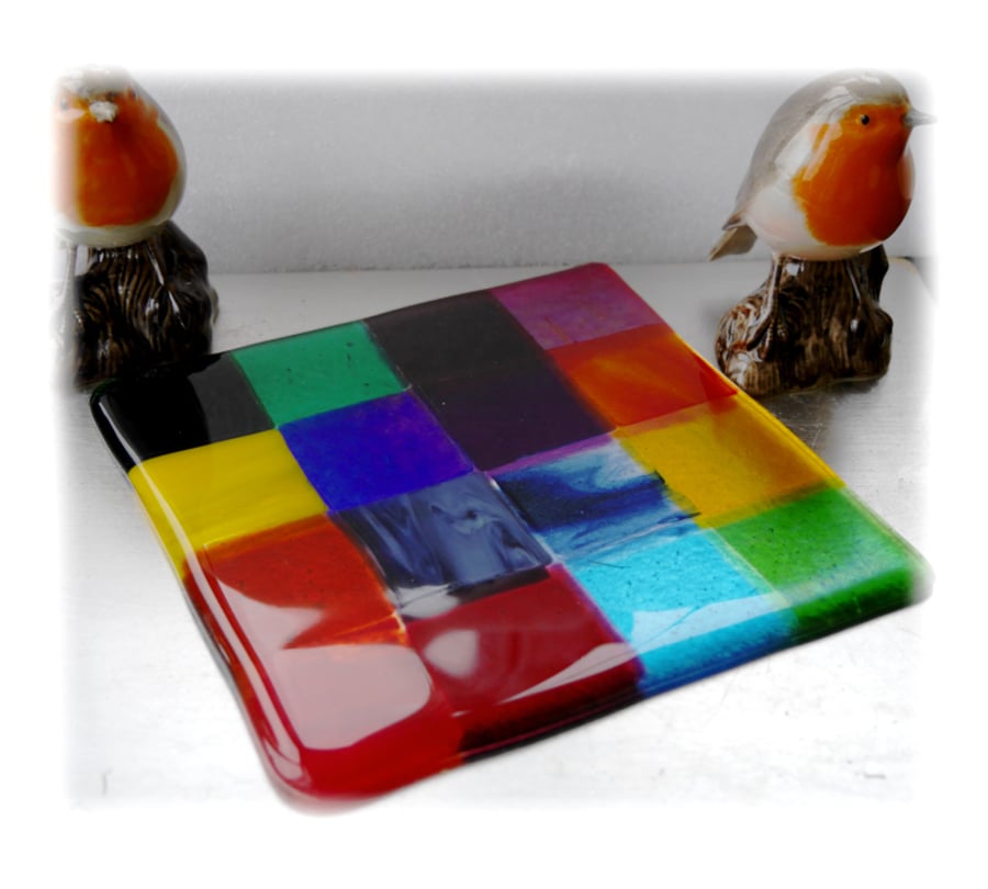 RESERVED Fused Glass Trivet Rainbow Trivet 16cm  011
