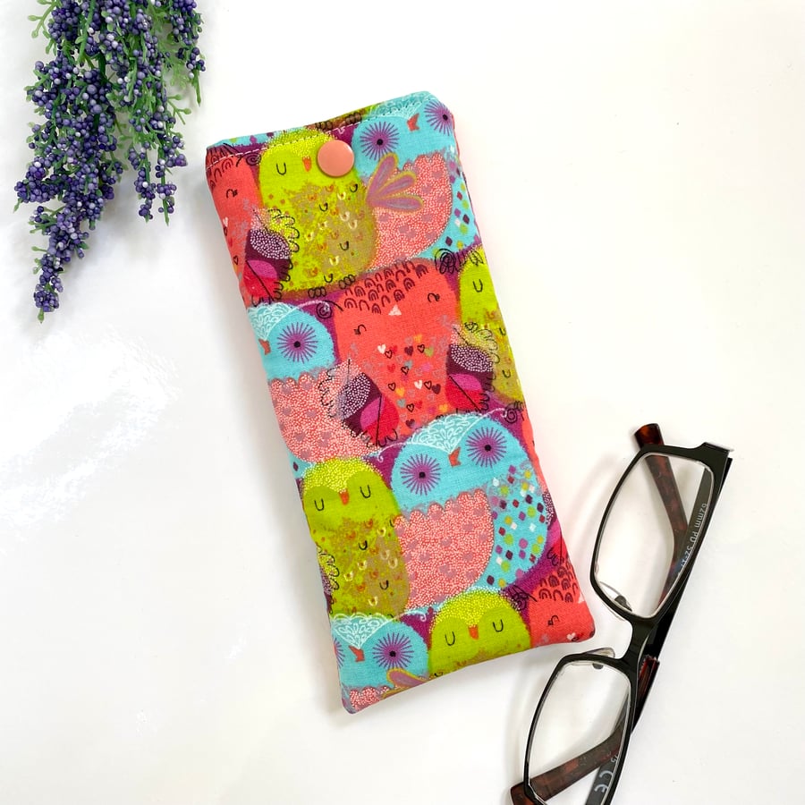 Glasses Case Soft Pouch Bright Owls Fabric Lined with Popper
