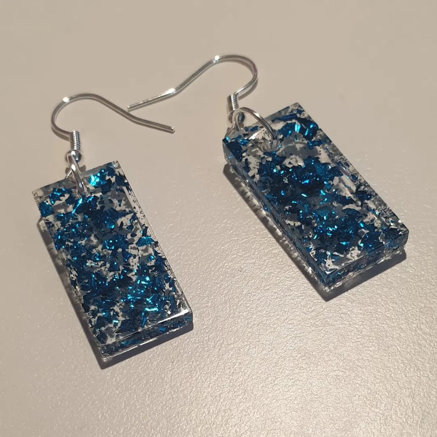 Rectangle blue metallic flakes resin earrings