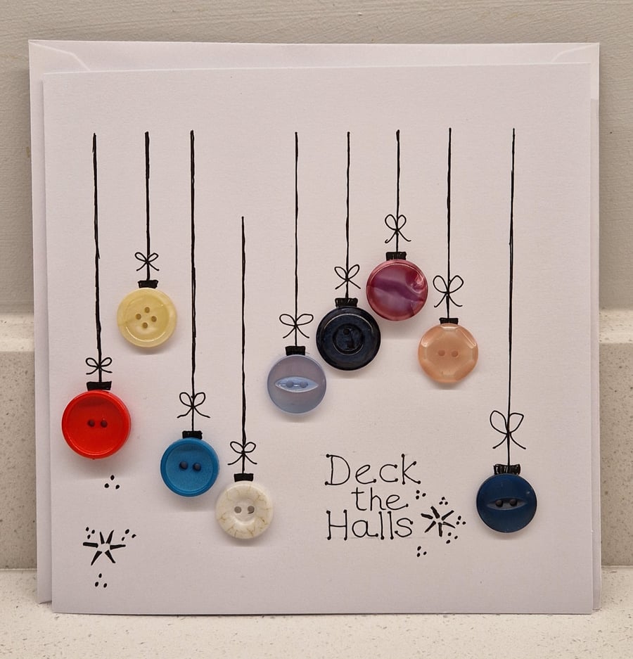 Deck the Halls button baubles Christmas card handmade