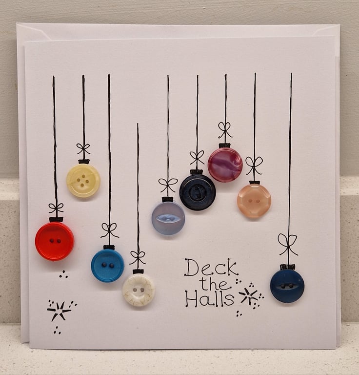 Deck the Halls button baubles Christmas card handmade
