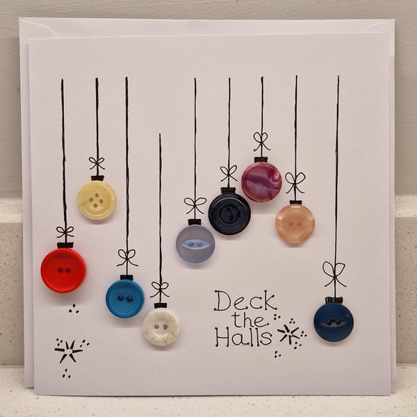 Deck the Halls button baubles Christmas card handmade