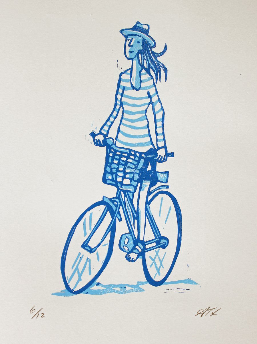 Lino Print Girl on a Bicycle Hand Printed Linocut