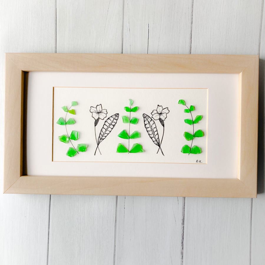 Framed floral design art with sea glass from Cornish beaches 