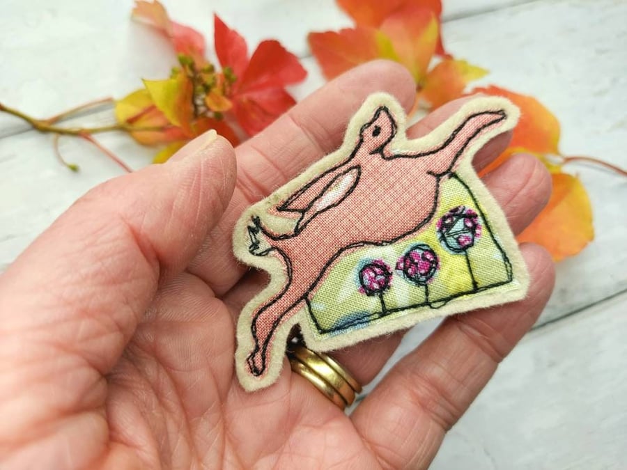 Handmade Leaping Hare Brooch with Freemotion Applique