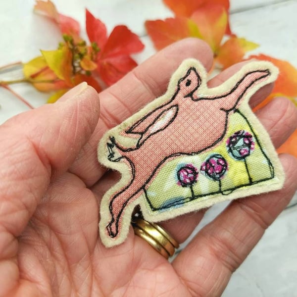 Handmade Leaping Hare Brooch with Freemotion Applique
