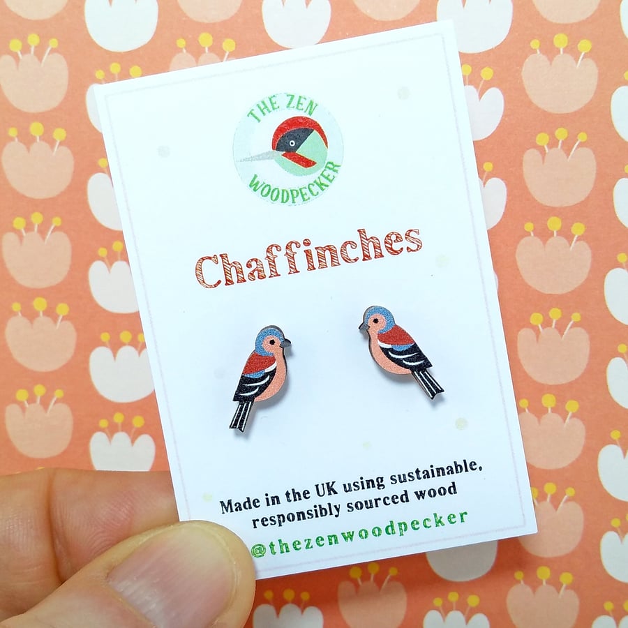 Chaffinch Earrings, Wooden Bird Studs, Silver Plated or Sterling Silver Backs