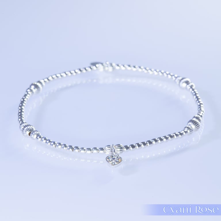 Sparkly Heart Charm Bracelet Sterling Silver Dainty Handmade Romantic Stretchy