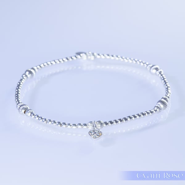Sparkly Heart Charm Bracelet Sterling Silver Dainty Handmade Romantic Stretchy