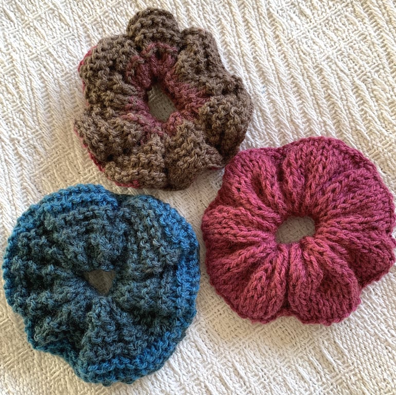 Hand Knitted Scrunchies Set of three Hair Scrunchy Bun Topper Bobbles Chimera