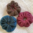 Hand Knitted Scrunchies Set of three Hair Scrunchy Bun Topper Bobbles Chimera