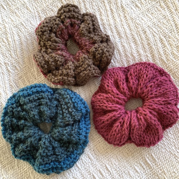 Hand Knitted Scrunchies Set of three Hair Scrunchy Bun Topper Bobbles Chimera