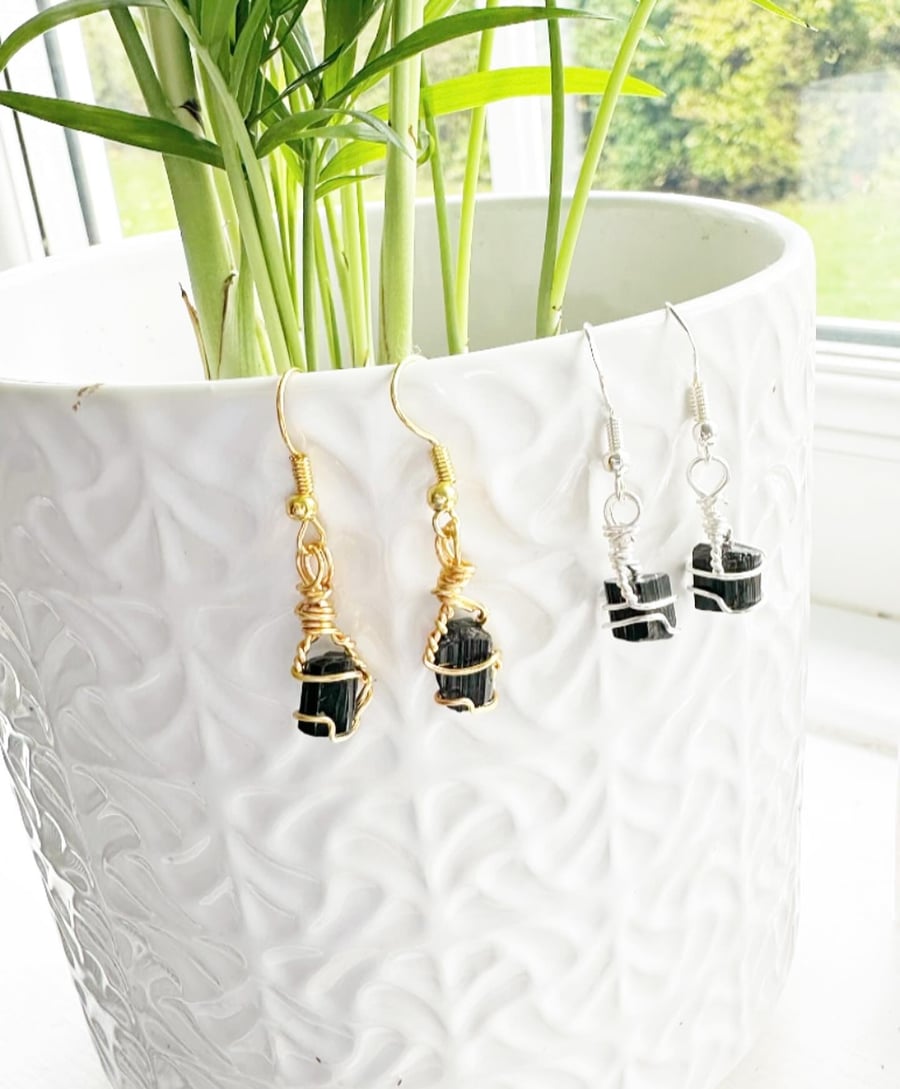 Black Tourmaline crystal wire wrapped raw earrings  Protective grounding gift