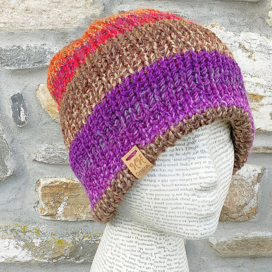 Reversible Hat. Striped Hat. Stripy Hat. Knitted Hat. Beanie. Slouchy. Cosy Hat.