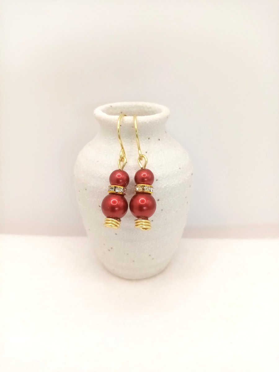 Ruby Red-Buttermilk-Indian Pink Pearl Earrings, Glass Pearl Drop Earrings  