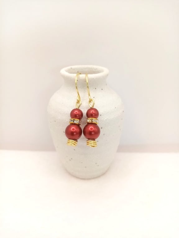 Ruby Red-Buttermilk-Indian Pink Pearl Earrings, Glass Pearl Drop Earrings  