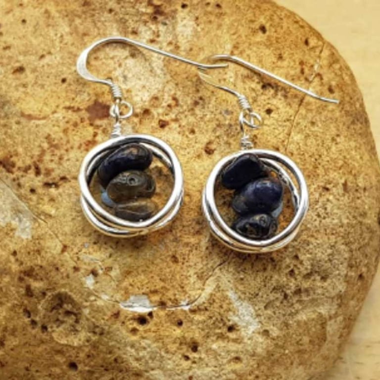 Sapphire earrings. September birthstone pendant. Sterling silver circle