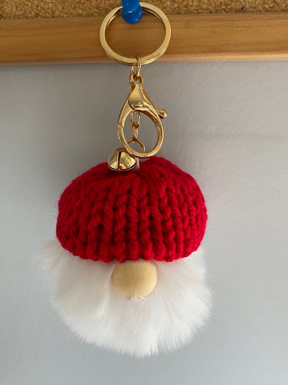 White Faux Fur Pom-Pom Gonk Keyring with Red Hand Knitted Hat