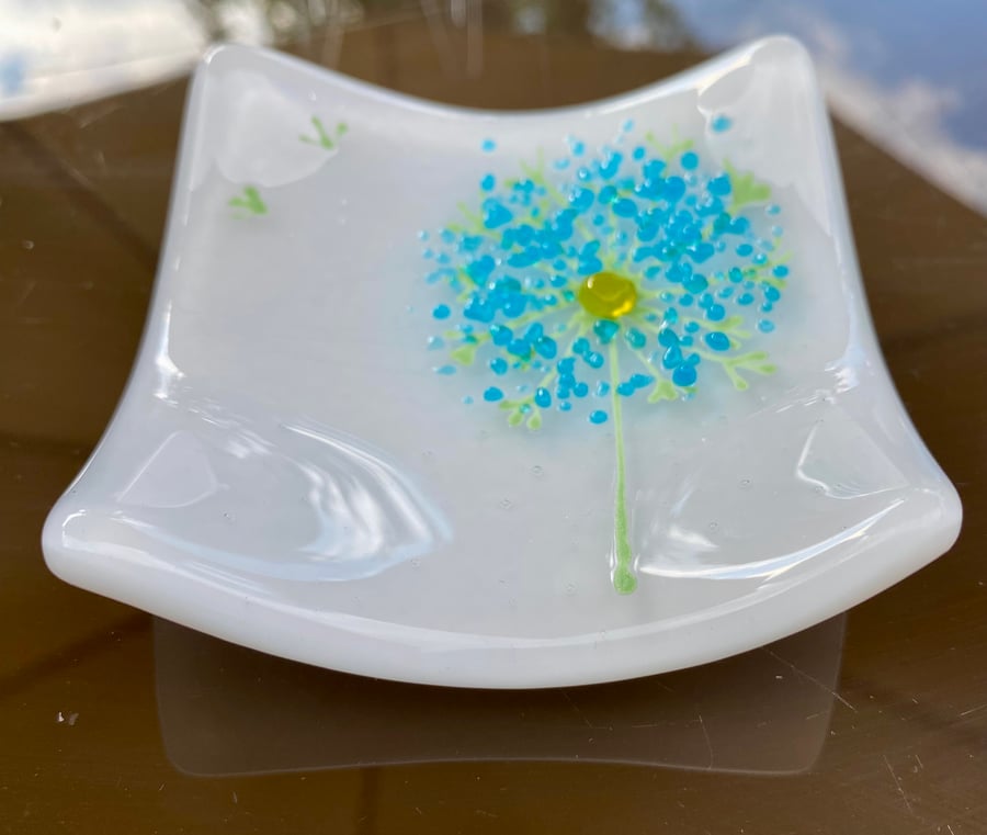 SALE! Handmade fused glass dandelion trinket dish 