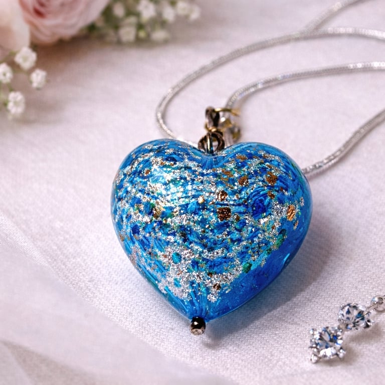 Light Blue Genuine Murano Glass Heart Necklace. Silver & Gold leaf.