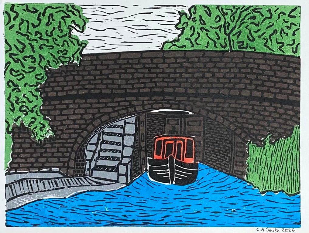 A Canal in colour, original lino print