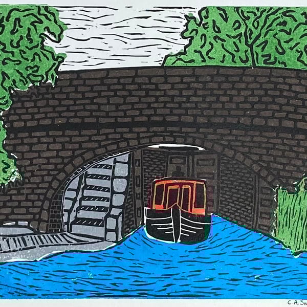 A Canal in colour, original lino print