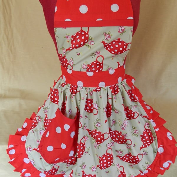 Vintage 50s Style Full Apron Pinny - Red & White Teapots (Polka Dot)