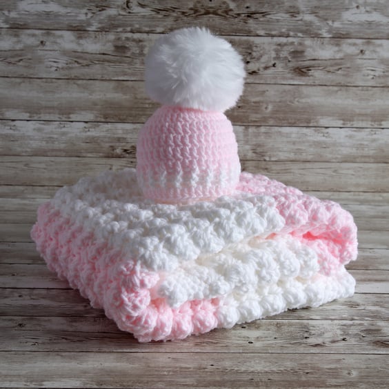 Pink and White Crochet Baby Blanket and Hat with Faux Fur Pom Pom