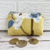 Small purse, coin purse in mustard yellow with blue and white flowers