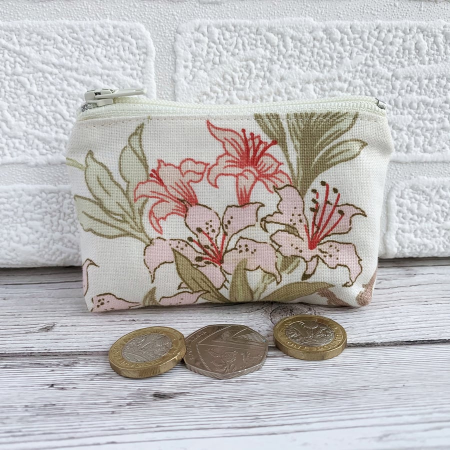 Small Purse, Coin Purse with Pink Lilies