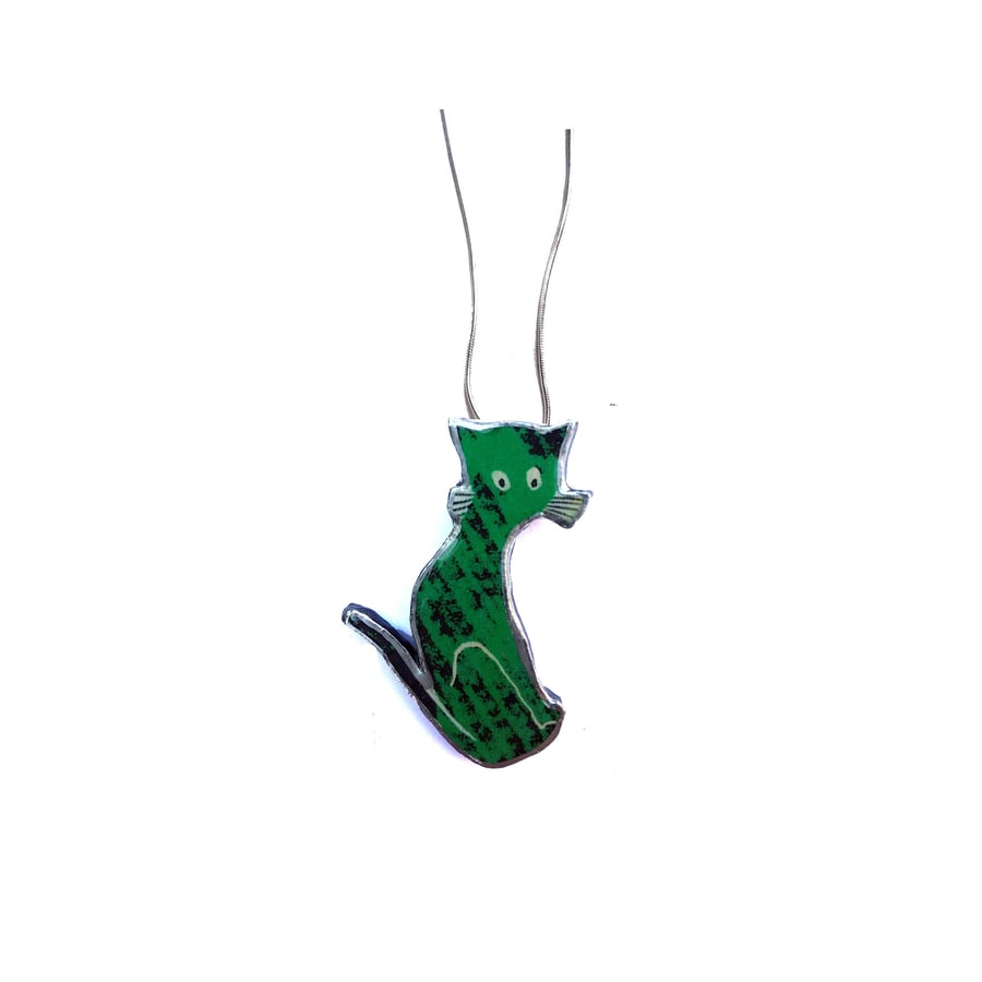 Whimsical Green Folk Cat Resin Necklace by EllyMental
