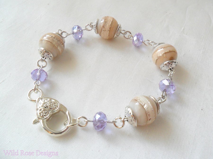  Cream, Silver and Lilac bead bracelet