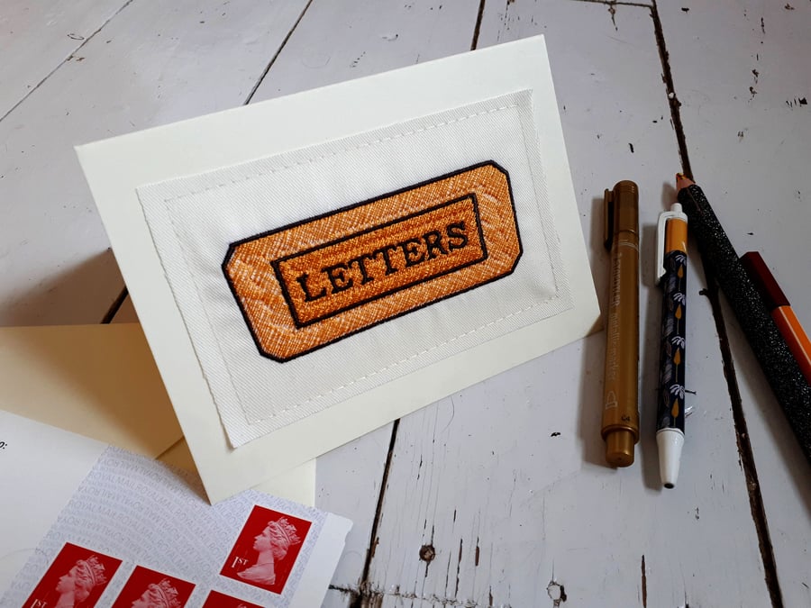 Embroidered Note Card in Retro Letterbox Design. Blank Card with Envelope