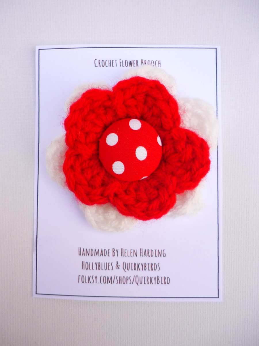 Crochet Flower Brooch with Large Red and White Spotty Button Scarf or Lapel Pin