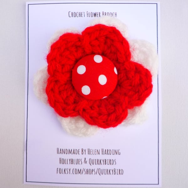 Crochet Flower Brooch with Large Red and White Spotty Button Scarf or Lapel Pin