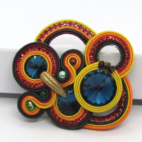 One of a kind soutache brooch colourful statement pin blue crystal handmade gift