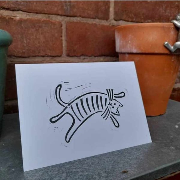 Lazy cat greetings card. 7X5 inch with envelope. Hand printed.