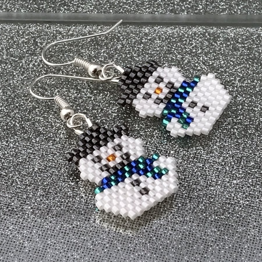 Bead Weave Snowmen Earrings With Blue & Green Scarves