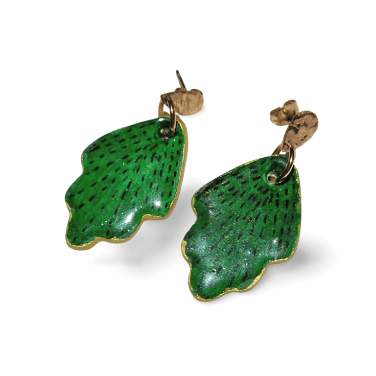 Hand Painted Ceramic Drop Earrings - Green Leaf