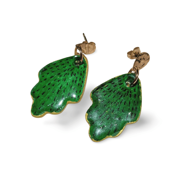 Hand Painted Ceramic Drop Earrings - Green Leaf
