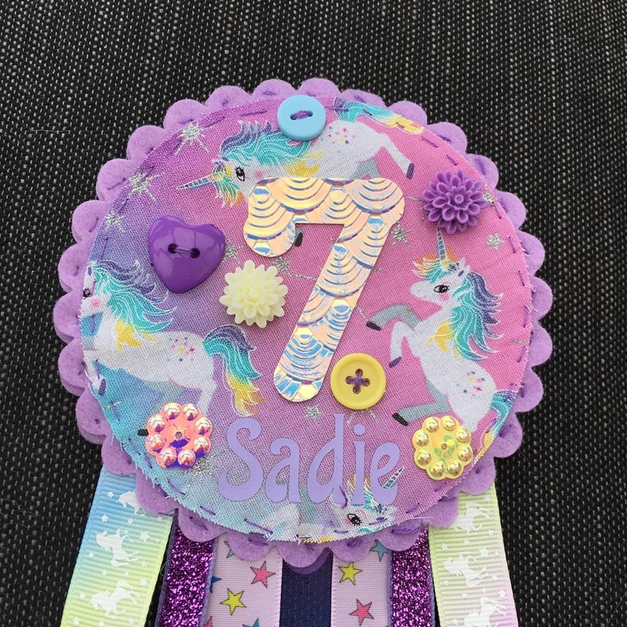 A purple Lilac Unicorn Birthday badge - Birthday Rosette