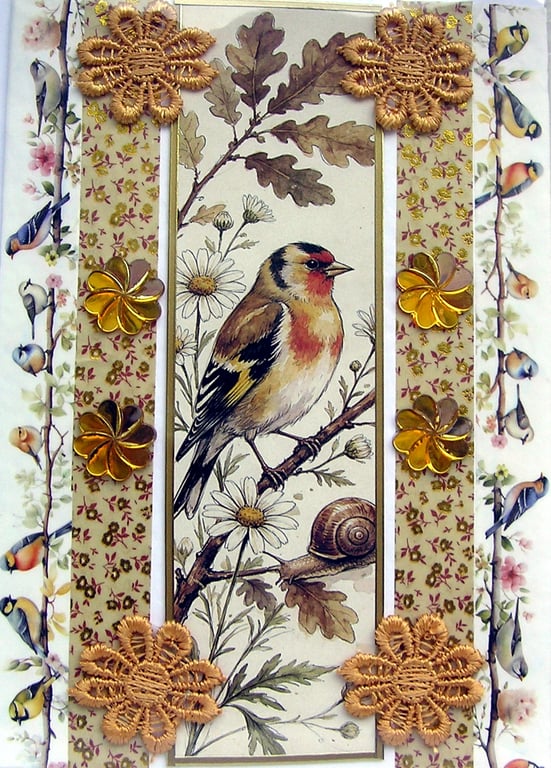 Gold Finch Garden Bird - Hand Crafted Decoupage Card - Blank - 3340