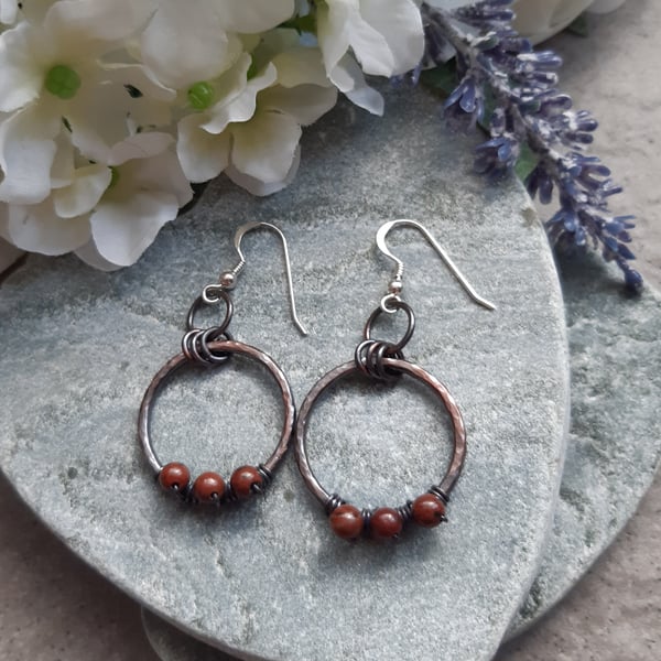  Copper Hoops Mahogany Obsidian Sterling Silver  Dangle Earrings