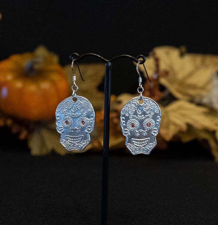 Large handmade silver sugar skull earrings