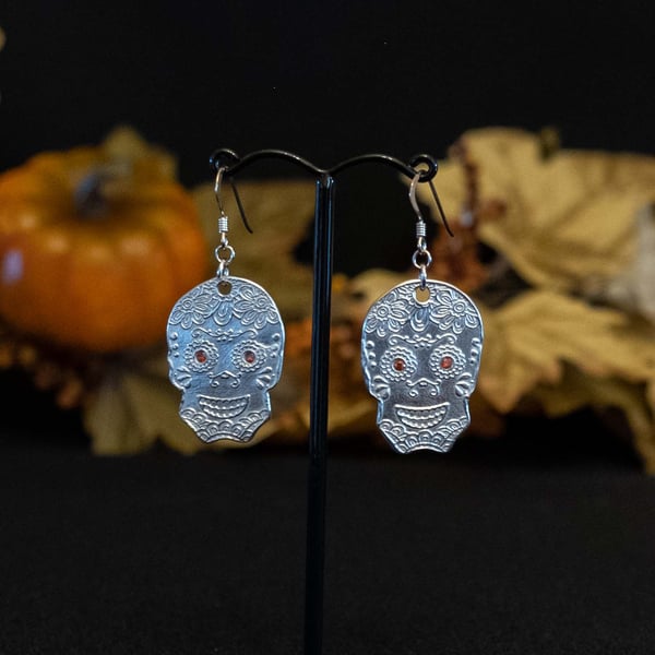 Large handmade silver sugar skull earrings