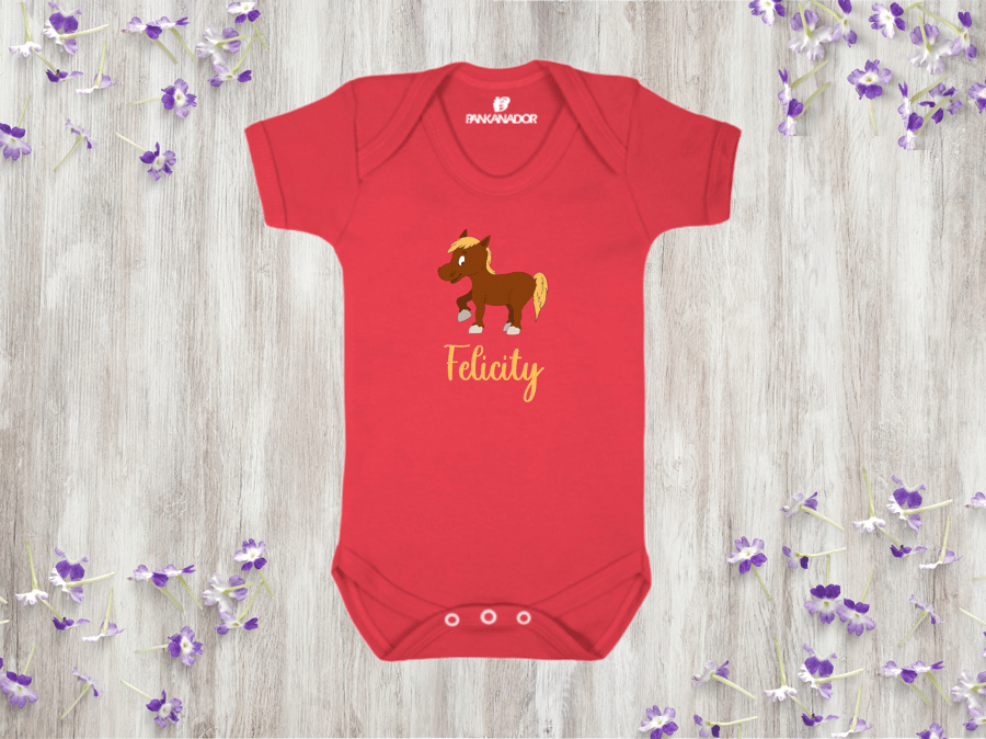 Cute Horse Baby Bodysuit Babygrow, Personalised Animal Baby Vest With Name