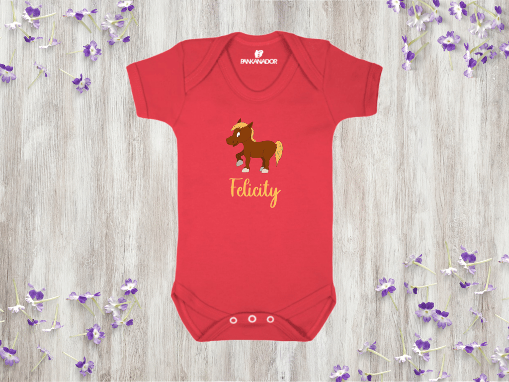 Cute Horse Baby Bodysuit Babygrow, Personalised Animal Baby Vest With Name